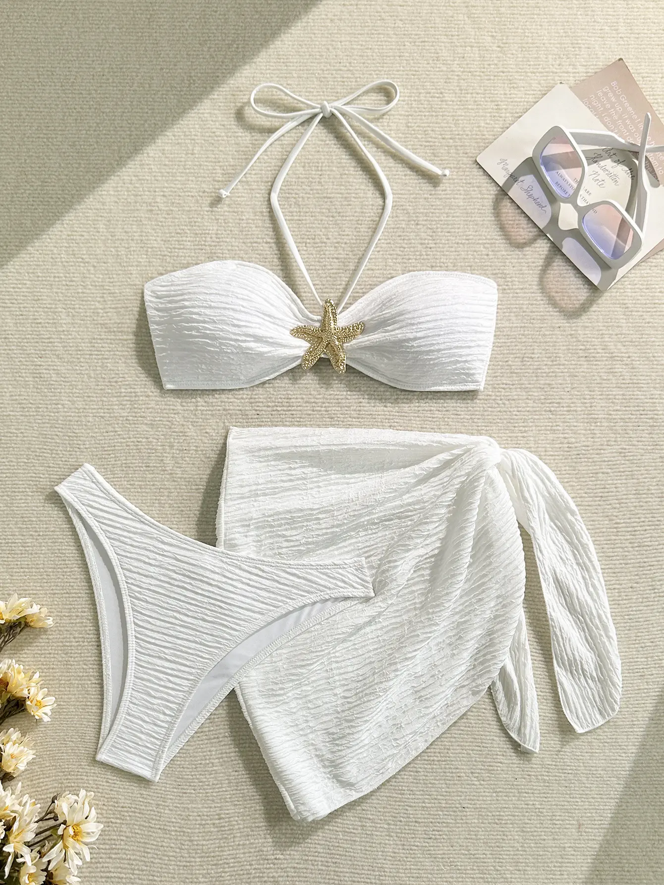 2025 new solid color split swimsuit women's three-piece bikini beach swimsuit set