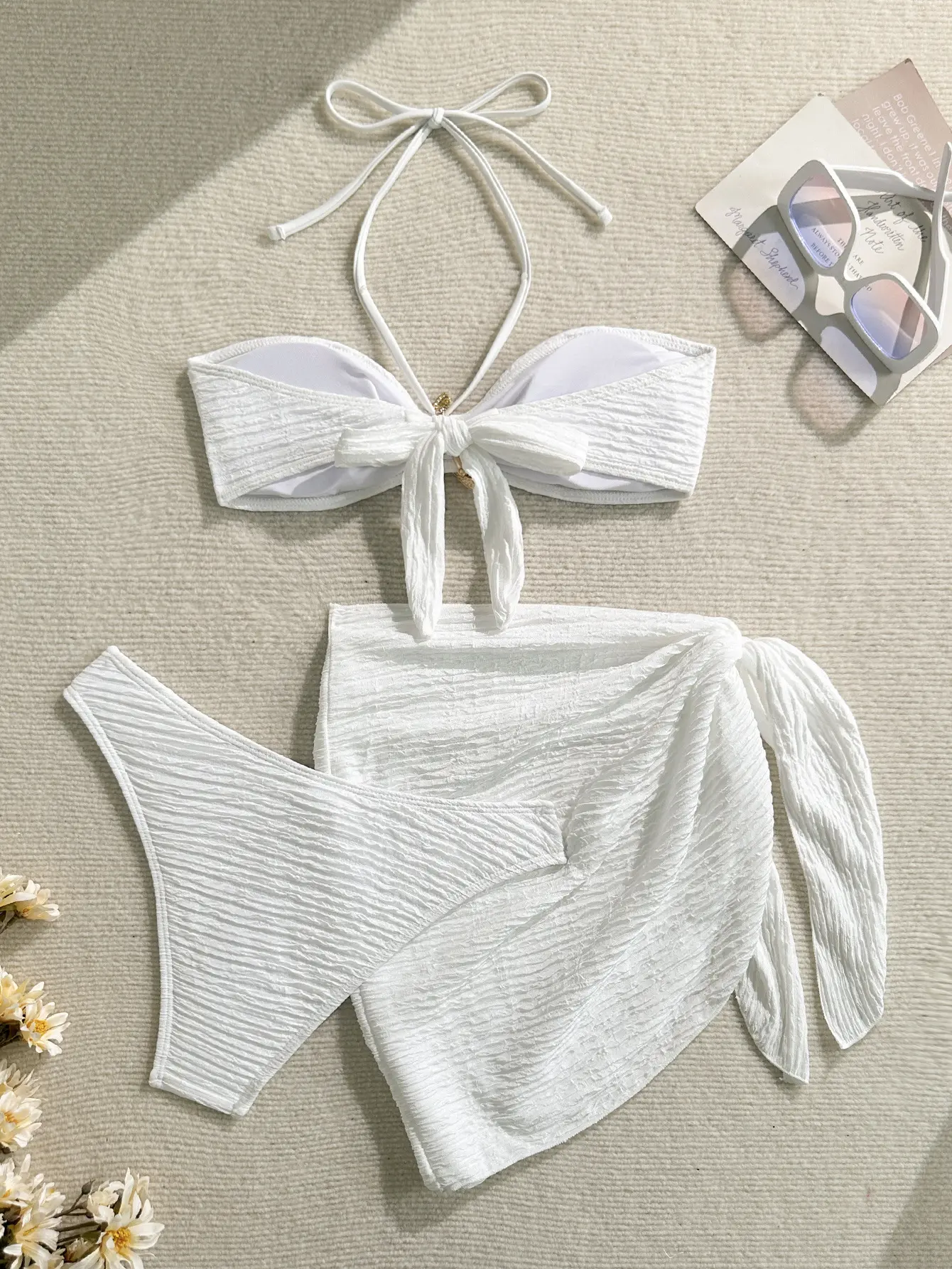 2025 new solid color split swimsuit women's three-piece bikini beach swimsuit set