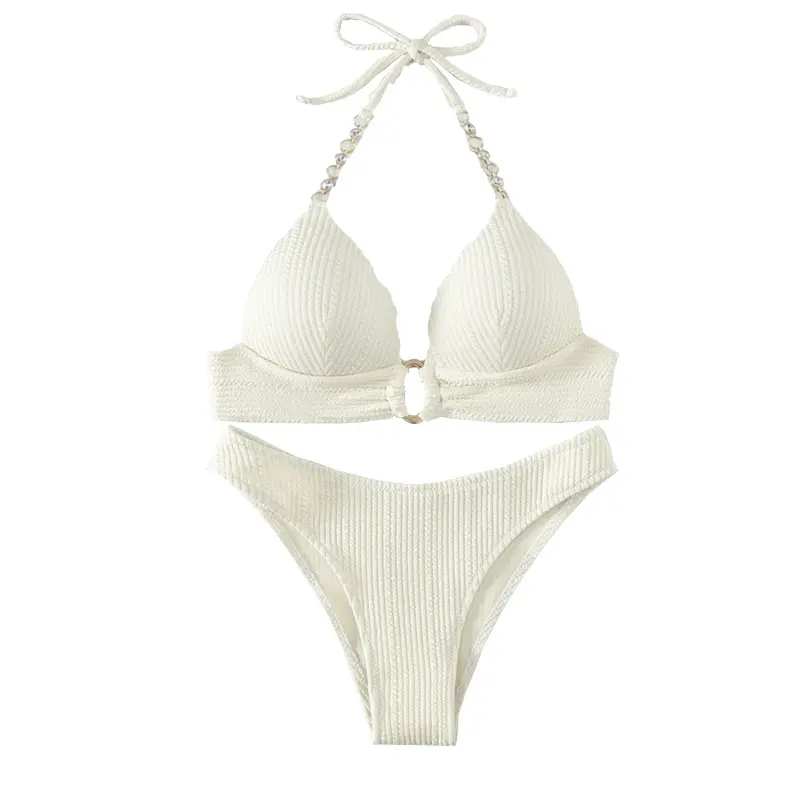 New Sexy Split Solid Color Bikini Striped Pearl Neck Swimsuit