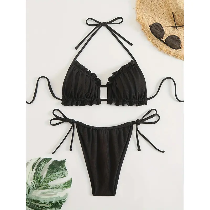 2025 new drawstrings and hollow stripes women's split swimsuit swimsuit bikini