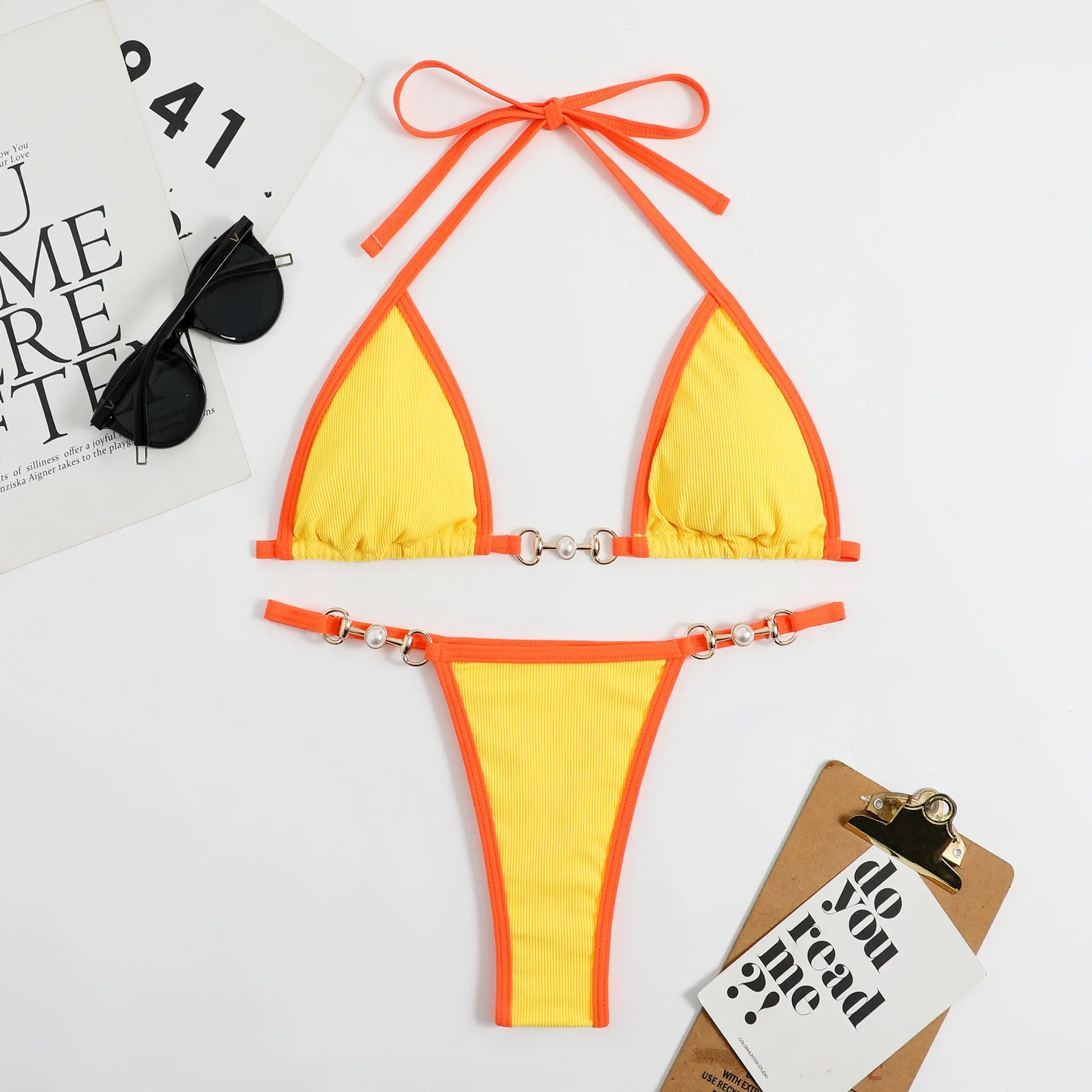 New Women's Bikini Sexy Solid Color Metal Swimsuit