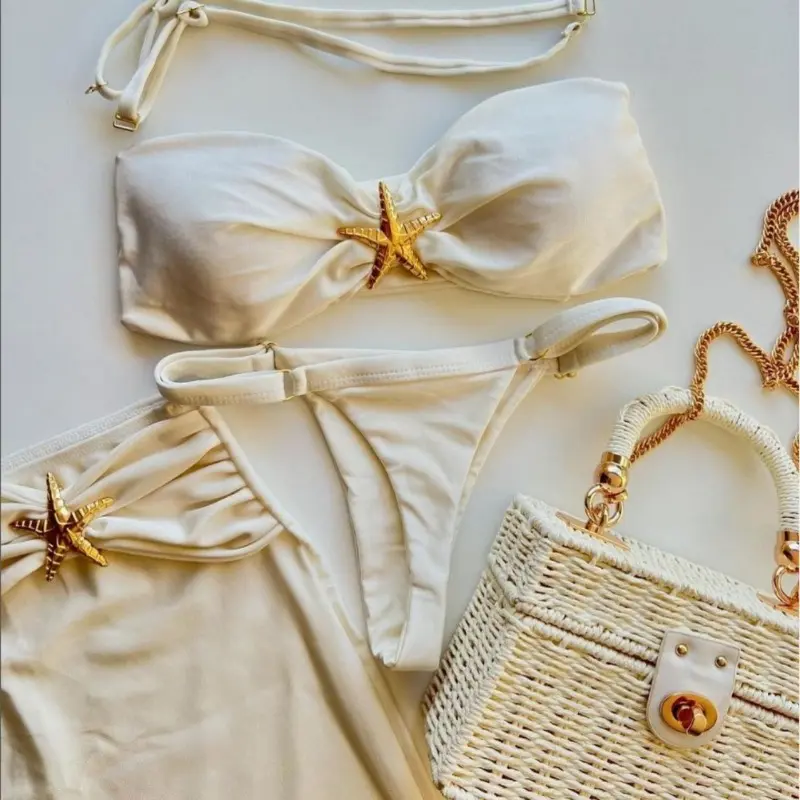Three-piece Sling New Star Bikini Sexy Solid Color Swimsuit Pants Adjustable