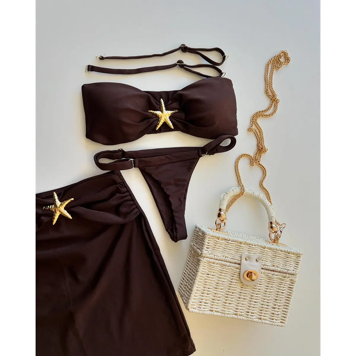 Three-piece Sling New Star Bikini Sexy Solid Color Swimsuit Pants Adjustable