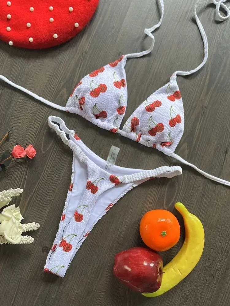 2024 brazilian bikini women suit, beach fashion, sexy thong swimsuit, cute cherry print