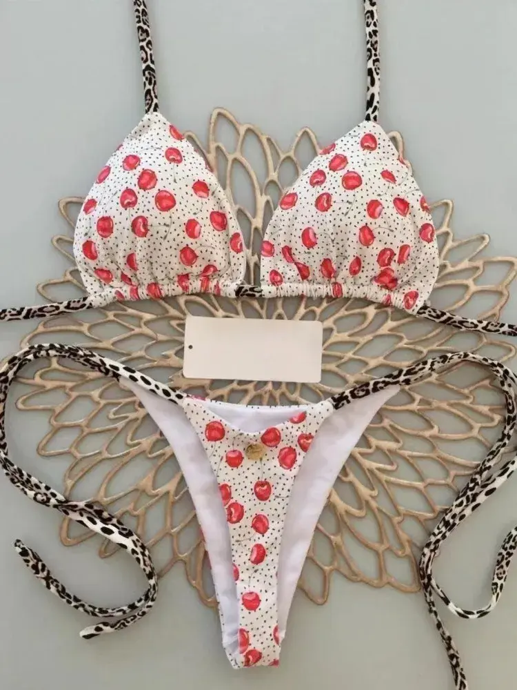 2024 brazilian bikini women suit, beach fashion, sexy thong swimsuit, cute cherry print