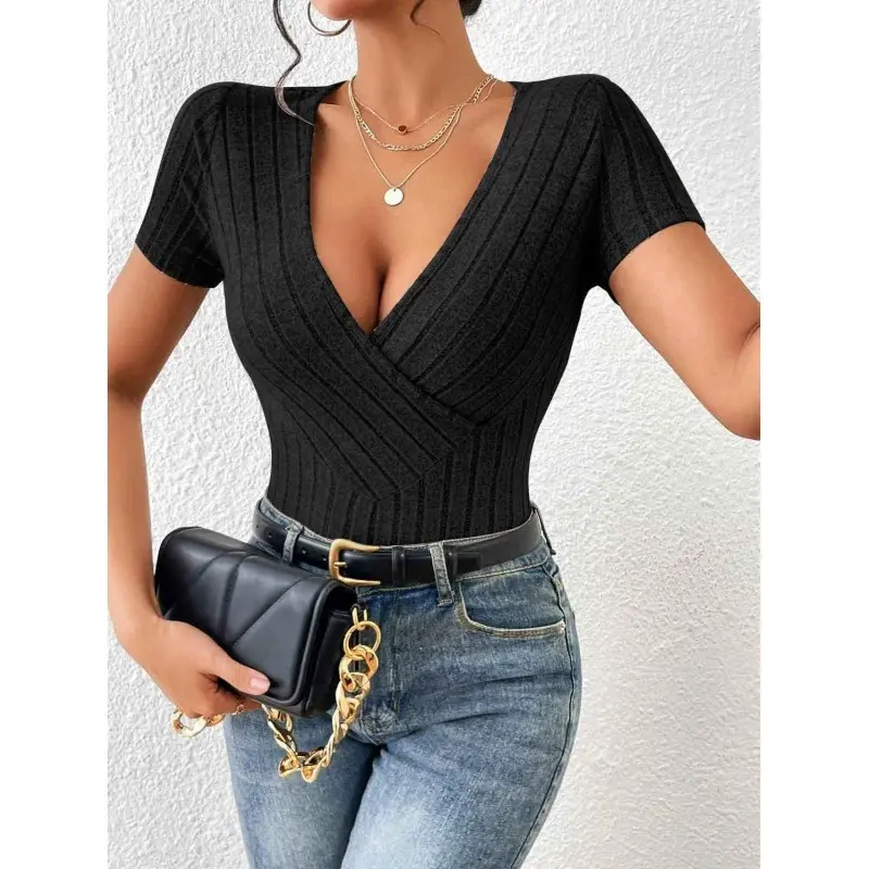 2025 New V-Neck Sexy Slim Knit Solid Color Short Sleeve T-Shirt