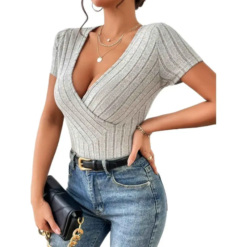 2025 New V-Neck Sexy Slim Knit Solid Color Short Sleeve T-Shirt