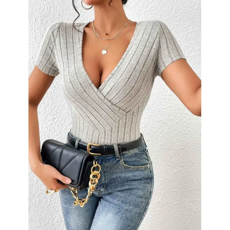 2025 New V-Neck Sexy Slim Knit Solid Color Short Sleeve T-Shirt