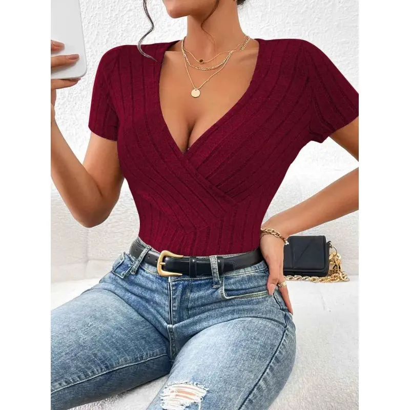 2025 New V-Neck Sexy Slim Knit Solid Color Short Sleeve T-Shirt
