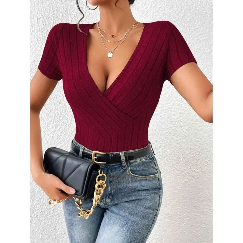 2025 New V-Neck Sexy Slim Knit Solid Color Short Sleeve T-Shirt
