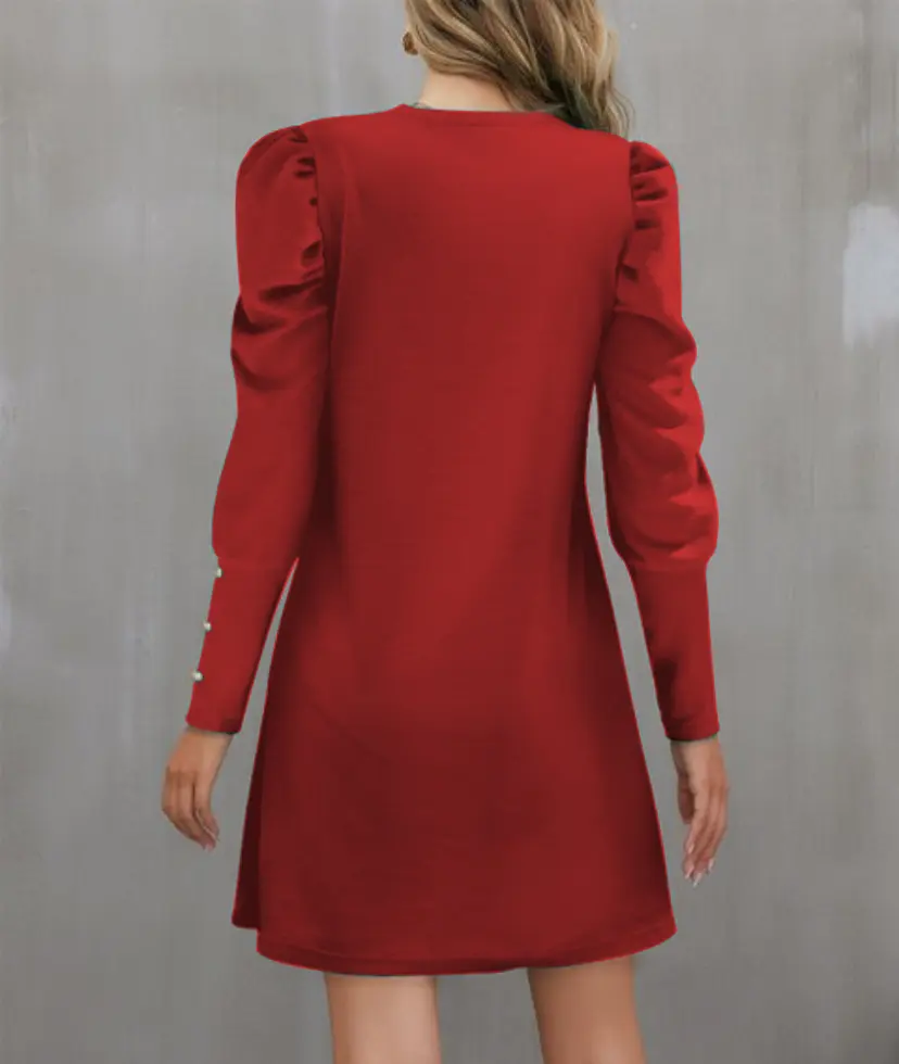 2024 European and American Cross-Border Women's Clothing Amazon Autumn and Winter New Pure Color Round Neck Puff Sleeve Button L
