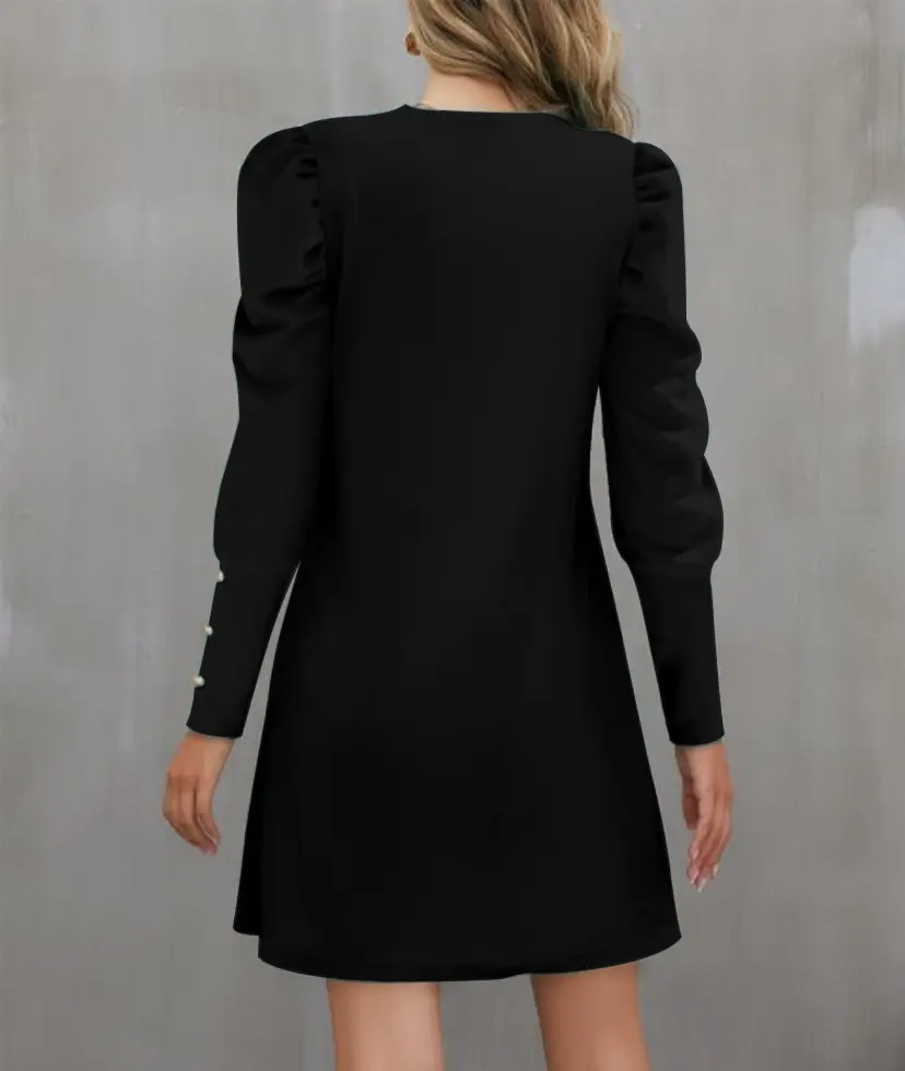 2024 European and American Cross-Border Women's Clothing Amazon Autumn and Winter New Pure Color Round Neck Puff Sleeve Button L