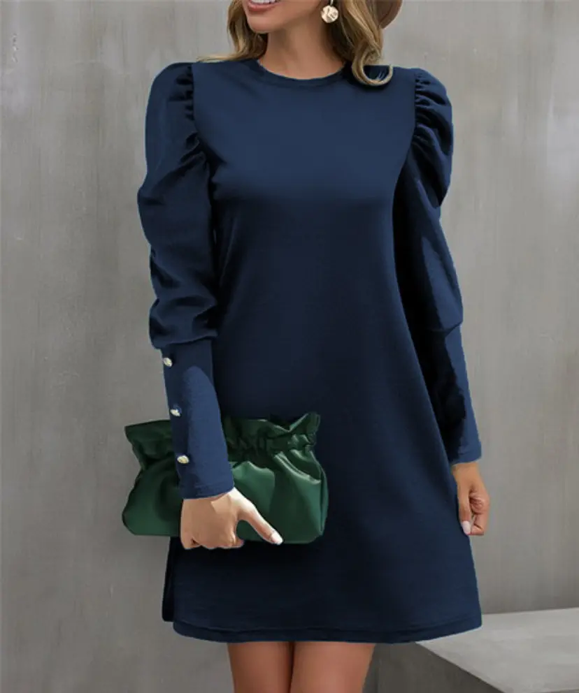 2024 European and American Cross-Border Women's Clothing Amazon Autumn and Winter New Pure Color Round Neck Puff Sleeve Button L