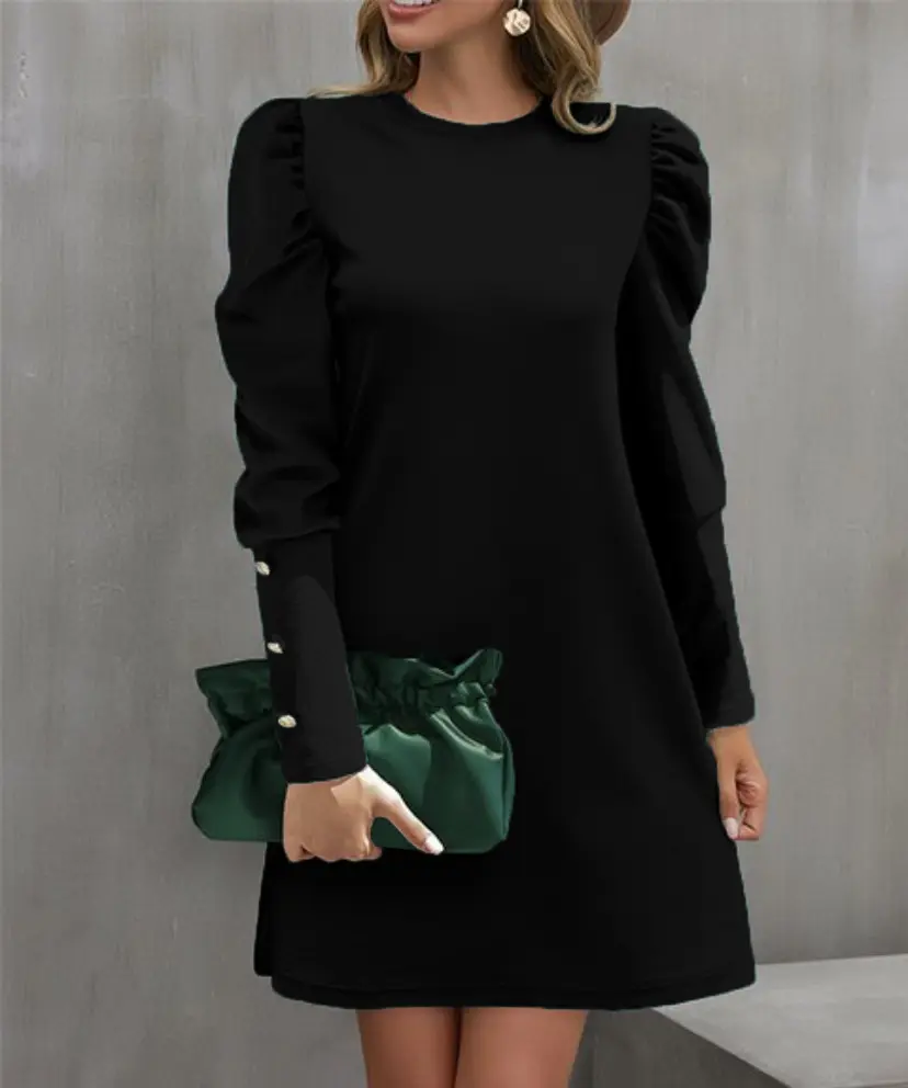 2024 European and American Cross-Border Women's Clothing Amazon Autumn and Winter New Pure Color Round Neck Puff Sleeve Button L