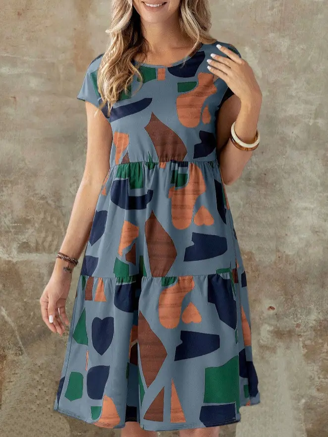 Fashionable Print round Neck Dress European And American Spring Summer New Style Export Trade round Neck Printed Dress