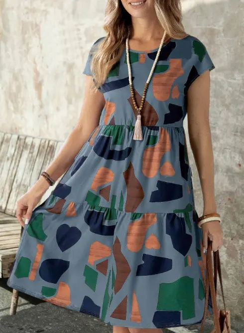 Fashionable Print round Neck Dress European And American Spring Summer New Style Export Trade round Neck Printed Dress