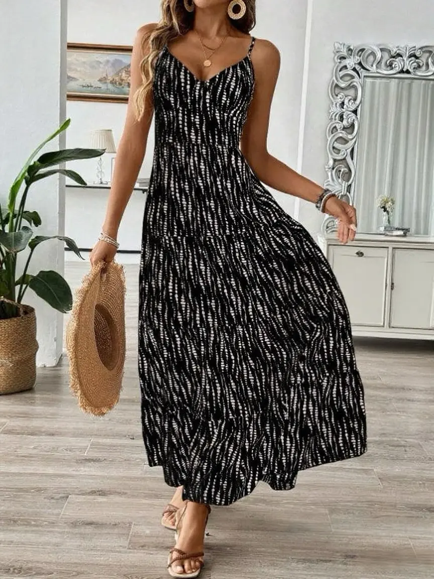 Women's Western Vacation Style Off-the-shoulder Dress 2025 Spring/Summer New Asymmetric Striped Design Maxi Dress