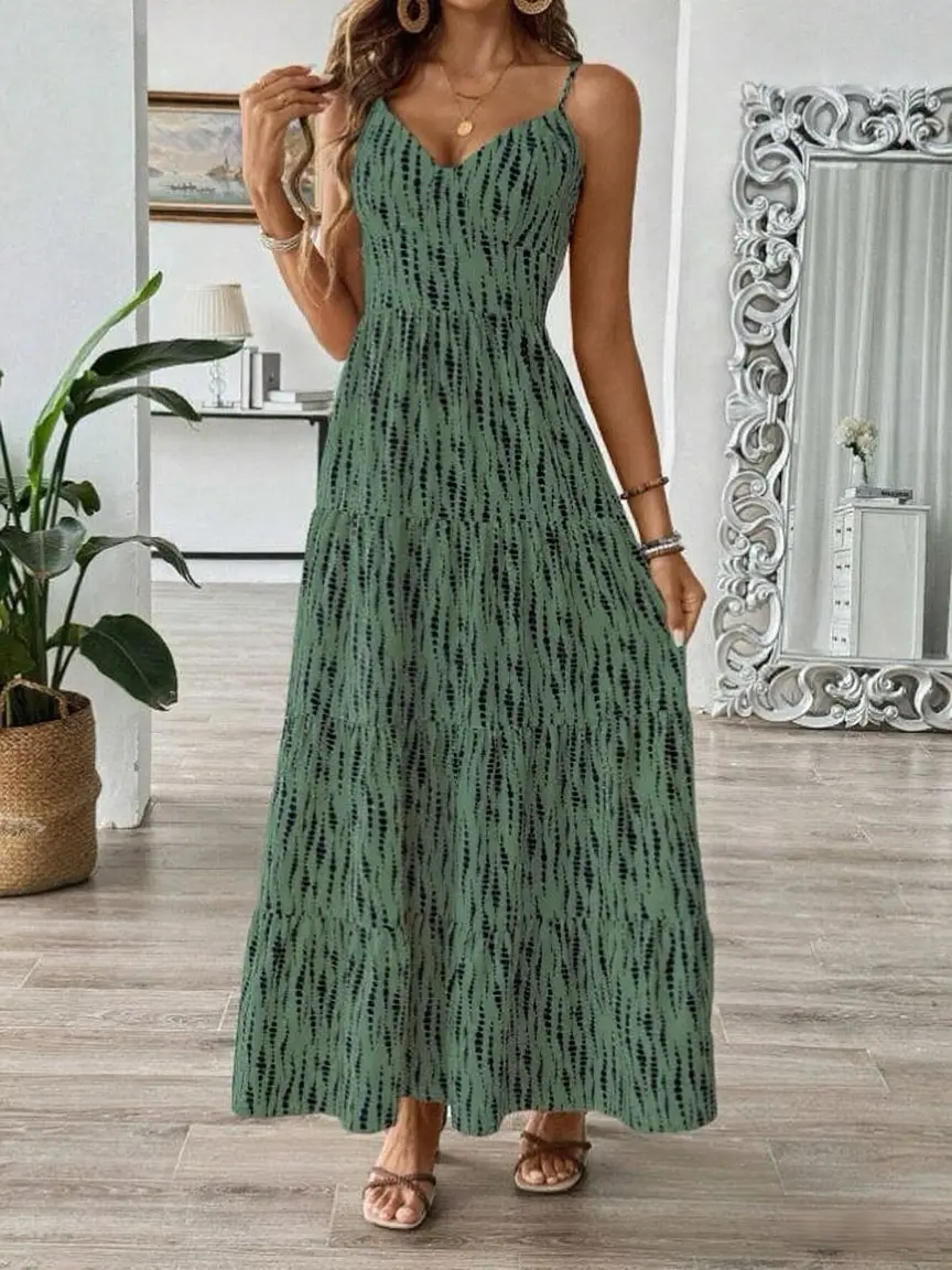 Women's Western Vacation Style Off-the-shoulder Dress 2025 Spring/Summer New Asymmetric Striped Design Maxi Dress