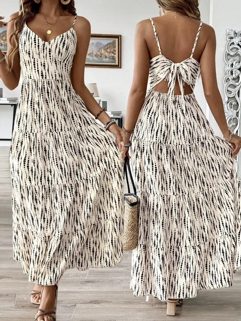 Women's Western Vacation Style Off-the-shoulder Dress 2025 Spring/Summer New Asymmetric Striped Design Maxi Dress