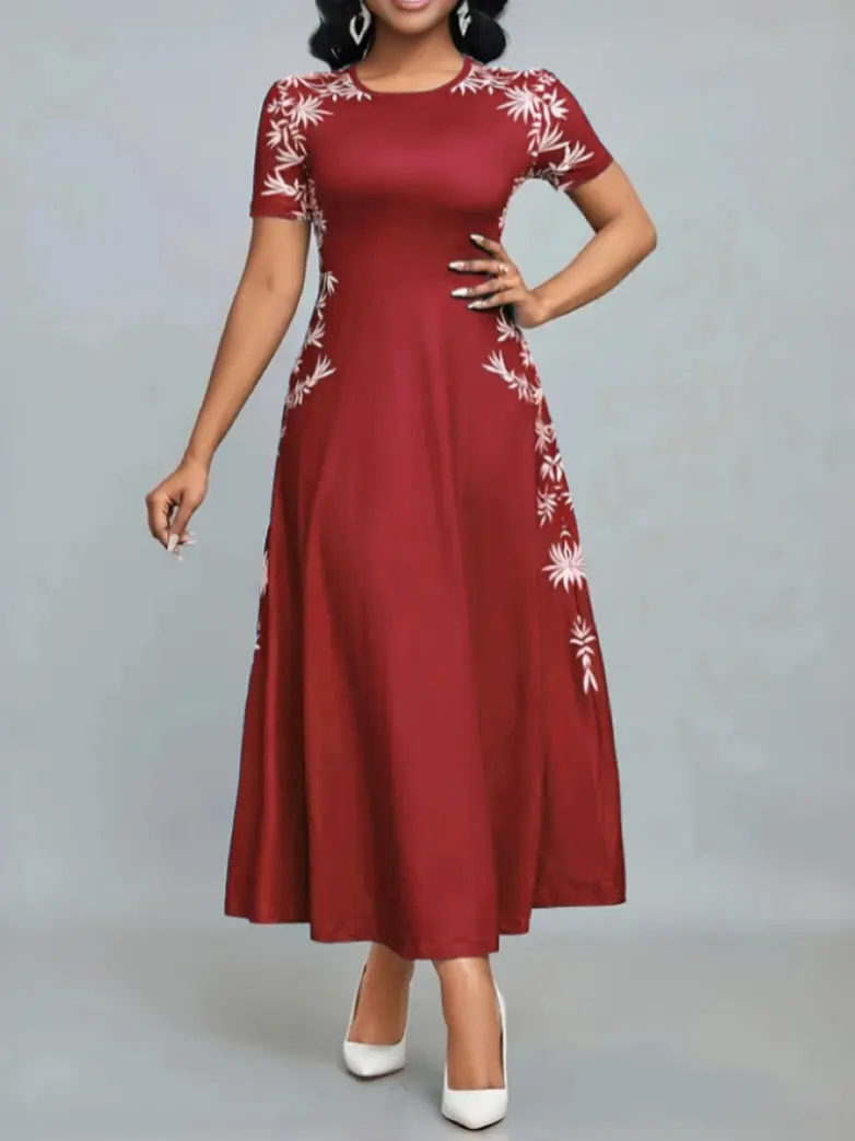 2025 New Women's Temperament Round Neck Printed Fashion High Waisted Dress