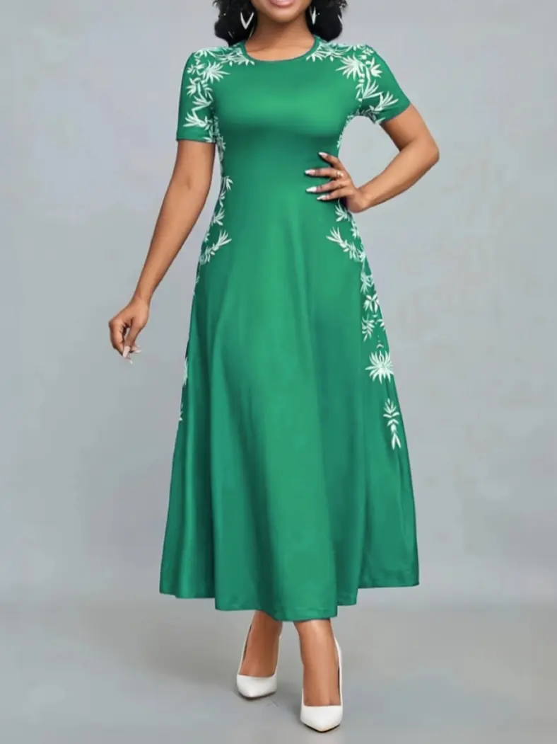 2025 New Women's Temperament Round Neck Printed Fashion High Waisted Dress