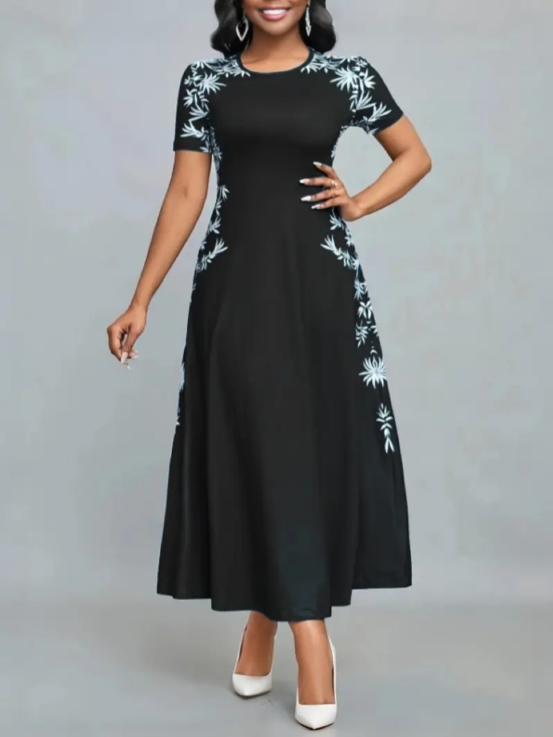 2025 New Women's Temperament Round Neck Printed Fashion High Waisted Dress