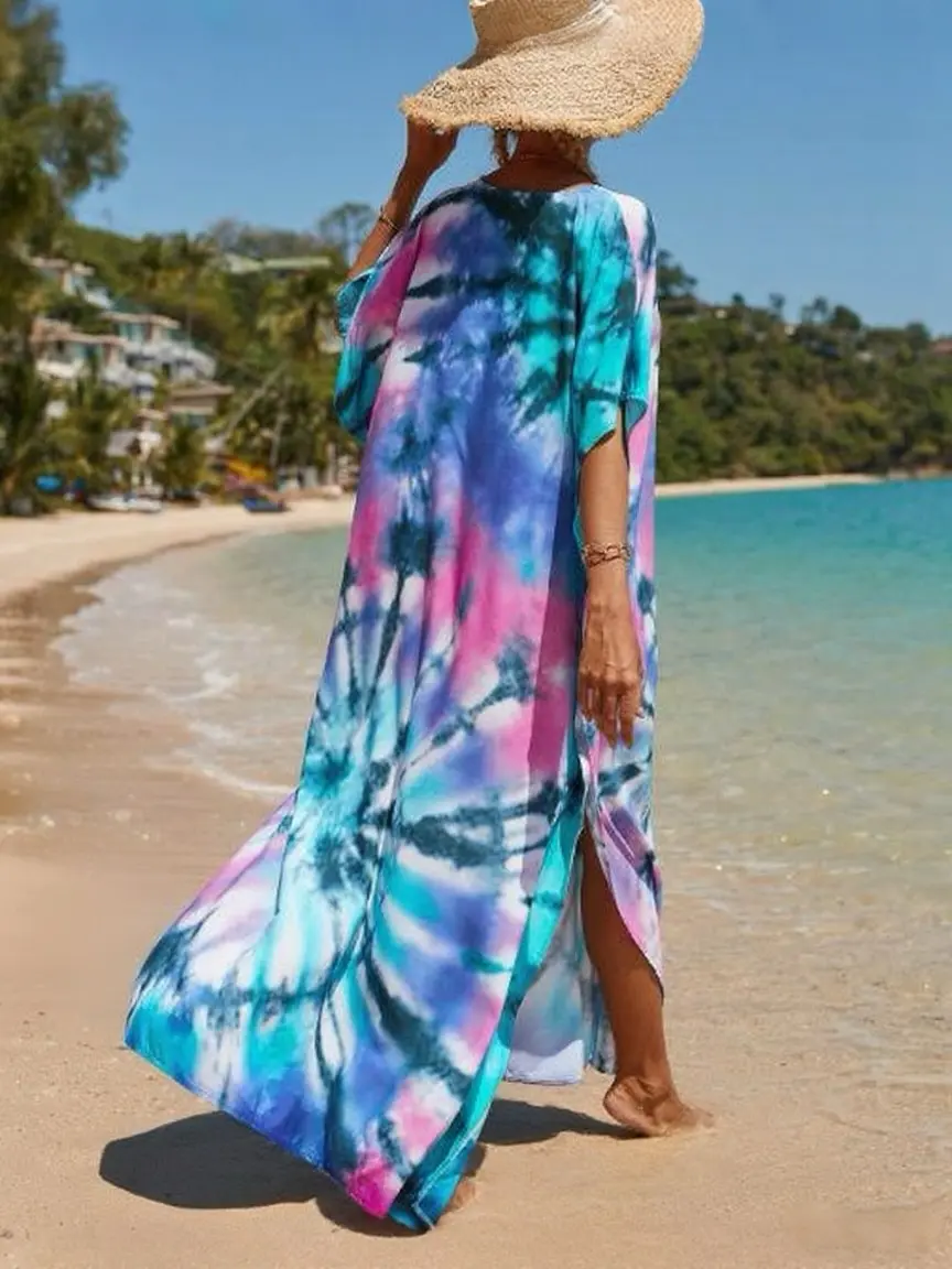 2025 Fashion Printed Beach Dress; Long Robe Style for Sun Protection at the Seaside Vacation