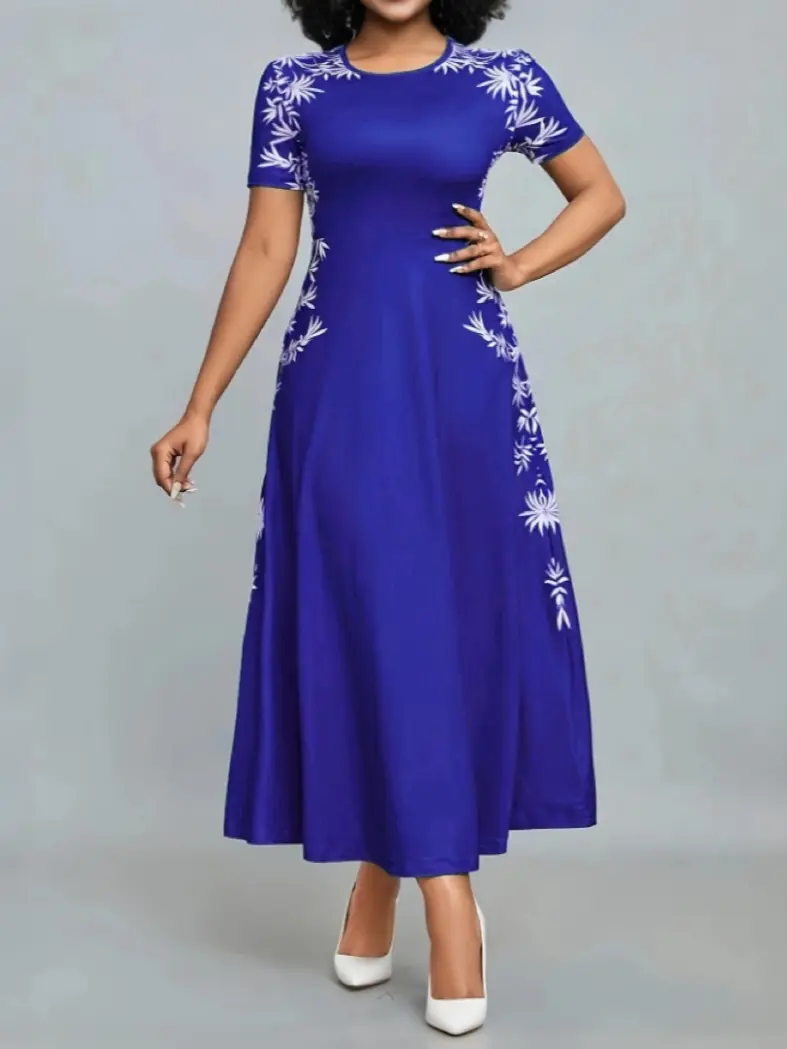 2025 New Women's Temperament Round Neck Printed Fashion High Waisted Dress