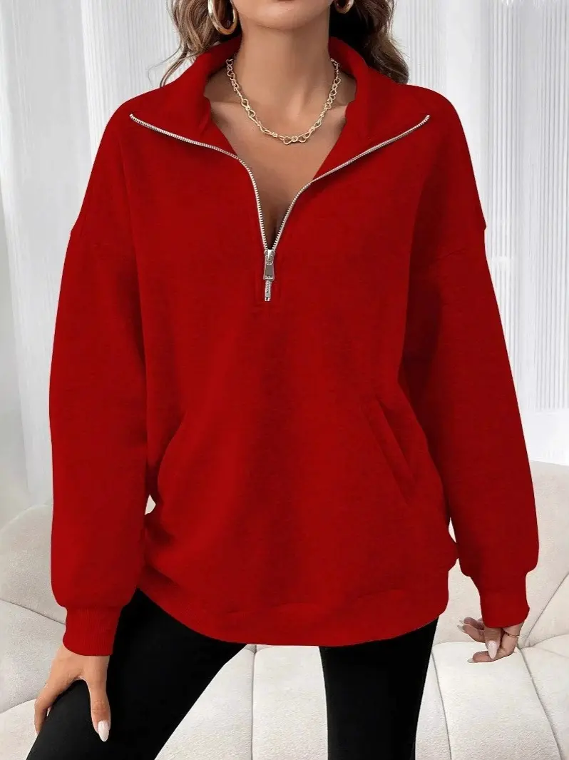 New autumn collection simple commuter hoodie with zipper low-cut design stand-up collar pockets and loose long sleeves for women