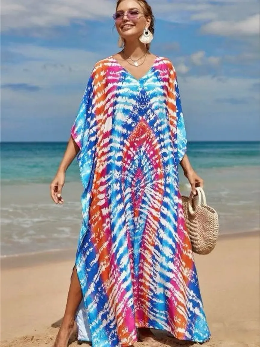 2025 Fashion Printed Beach Dress; Long Robe Style for Sun Protection at the Seaside Vacation