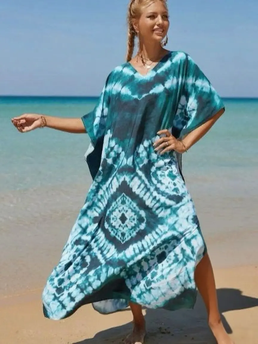 2025 Fashion Printed Beach Dress; Long Robe Style for Sun Protection at the Seaside Vacation