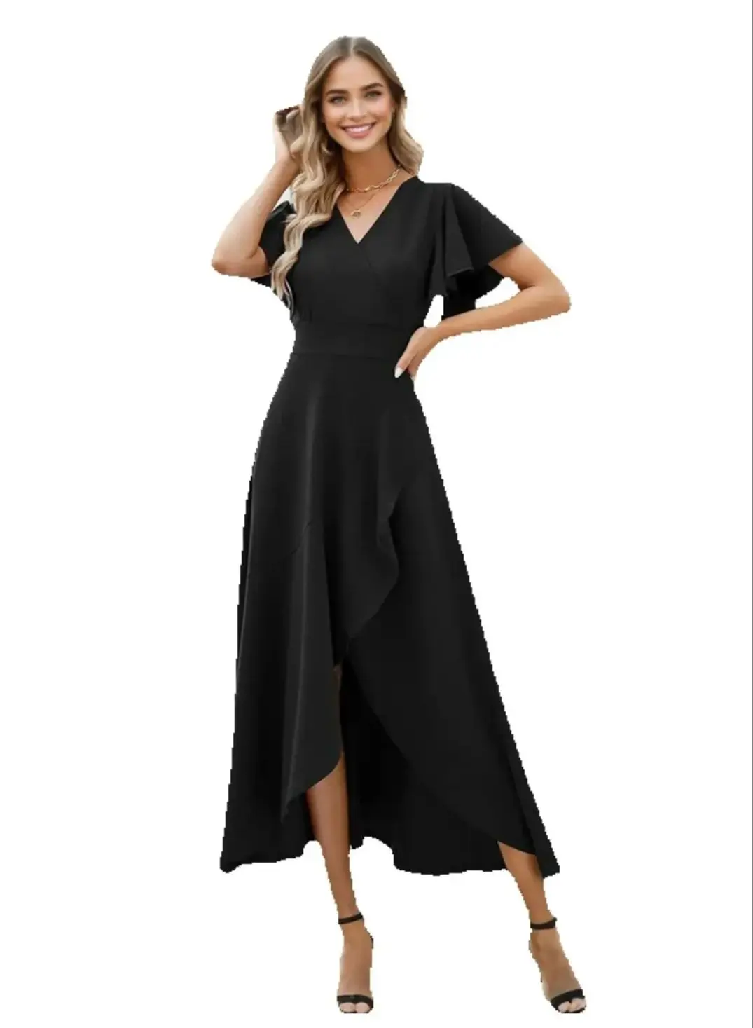 2025 women's ruffle sleeve V-neck temperament elegant evening dress European and American spring summer polyester dress