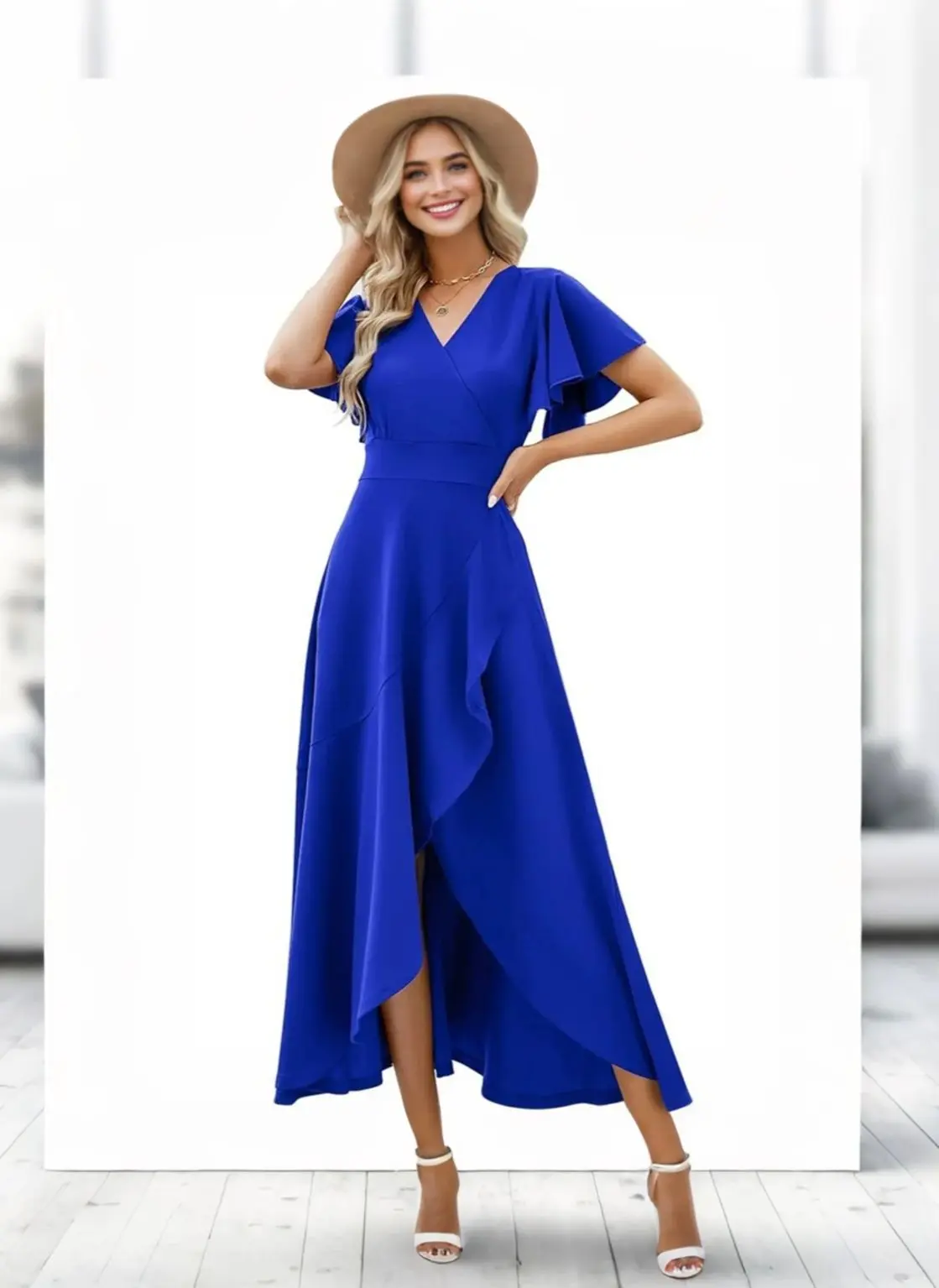2025 women's ruffle sleeve V-neck temperament elegant evening dress European and American spring summer polyester dress