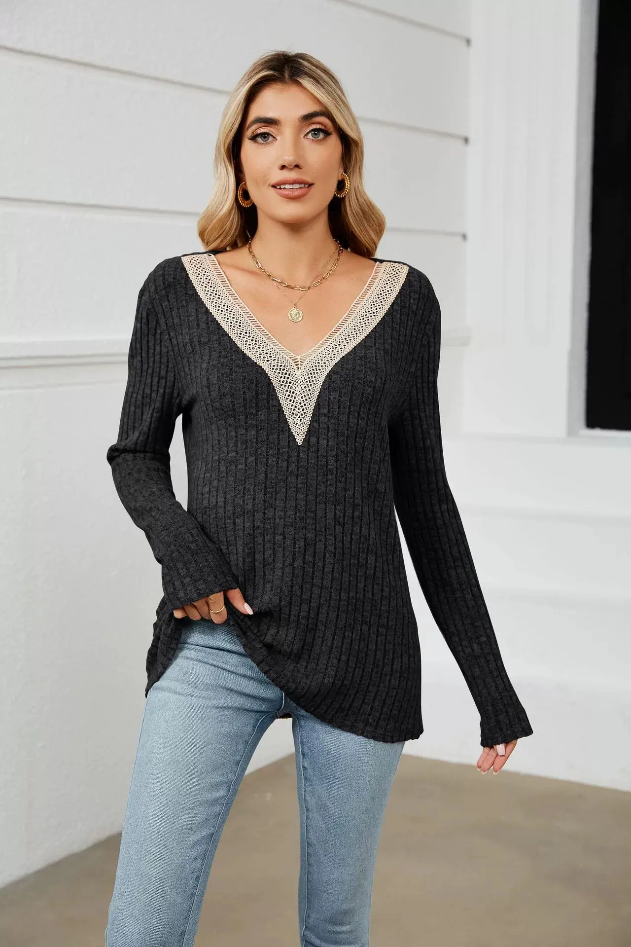 2025 Autumn/Winter New Pure Color Ribbed Patchwork V-Neck Long Sleeve Loose T-Shirt Top