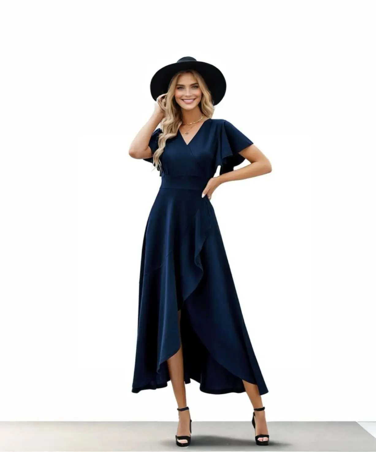 2025 women's ruffle sleeve V-neck temperament elegant evening dress European and American spring summer polyester dress