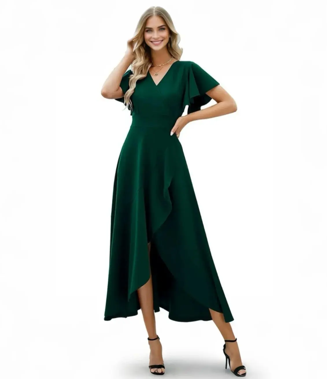 2025 women's ruffle sleeve V-neck temperament elegant evening dress European and American spring summer polyester dress