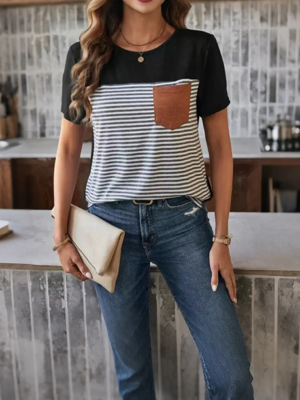 2025  New Summer Casual Fashion Striped Short Sleeve Printed Pocket Women's T-Shirt