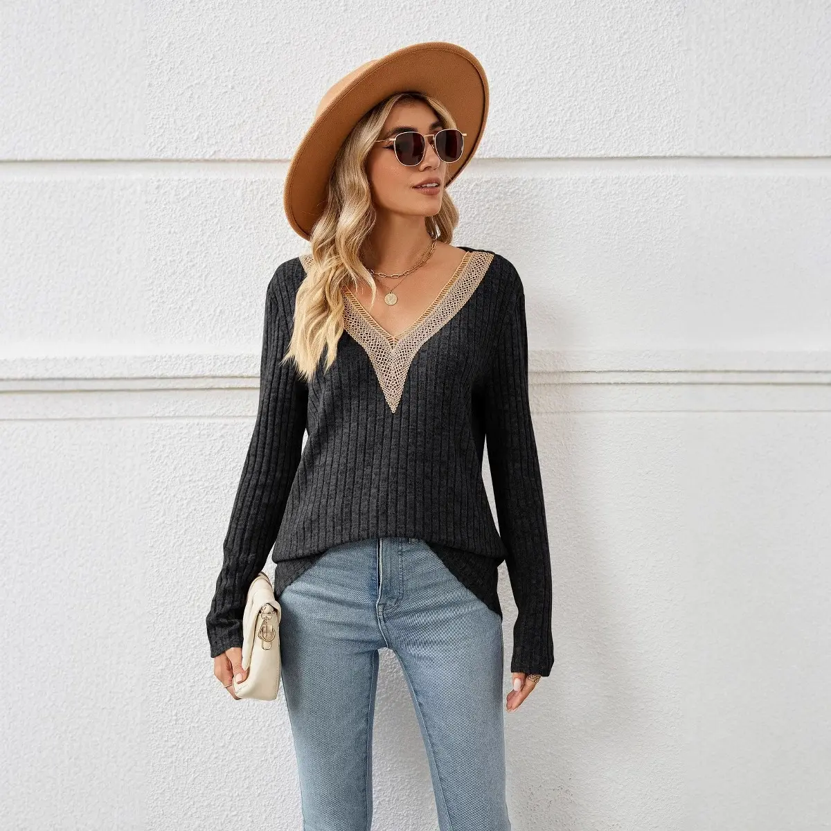 2025 Autumn/Winter New Pure Color Ribbed Patchwork V-Neck Long Sleeve Loose T-Shirt Top