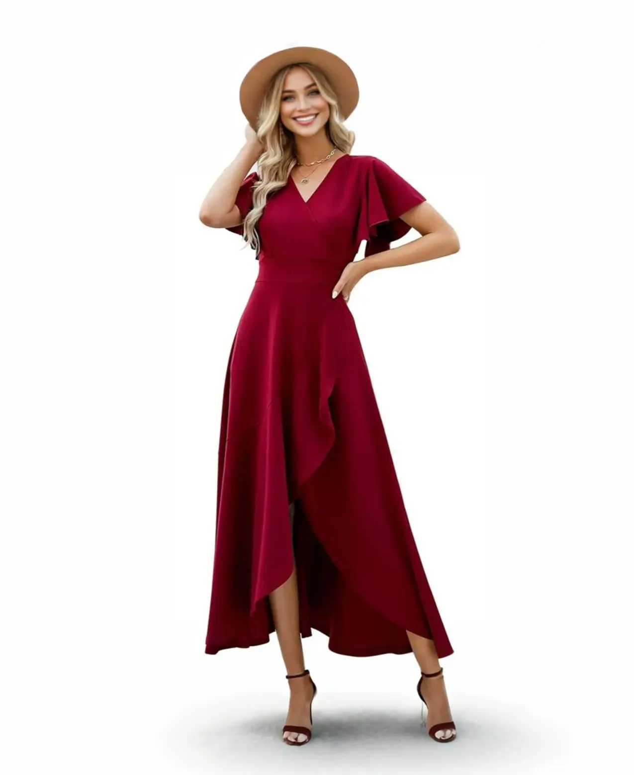 2025 women's ruffle sleeve V-neck temperament elegant evening dress European and American spring summer polyester dress