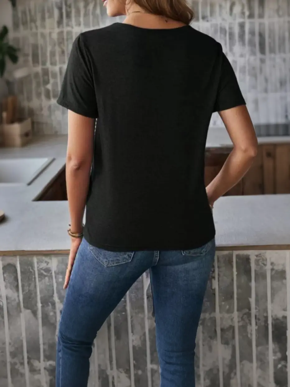 2025  New Summer Casual Fashion Striped Short Sleeve Printed Pocket Women's T-Shirt