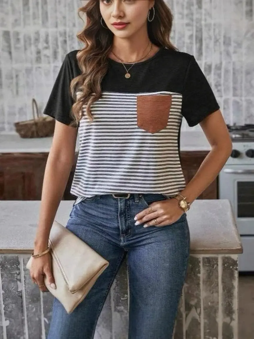 2025  New Summer Casual Fashion Striped Short Sleeve Printed Pocket Women's T-Shirt