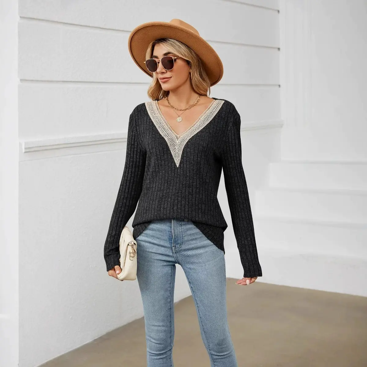 2025 Autumn/Winter New Pure Color Ribbed Patchwork V-Neck Long Sleeve Loose T-Shirt Top