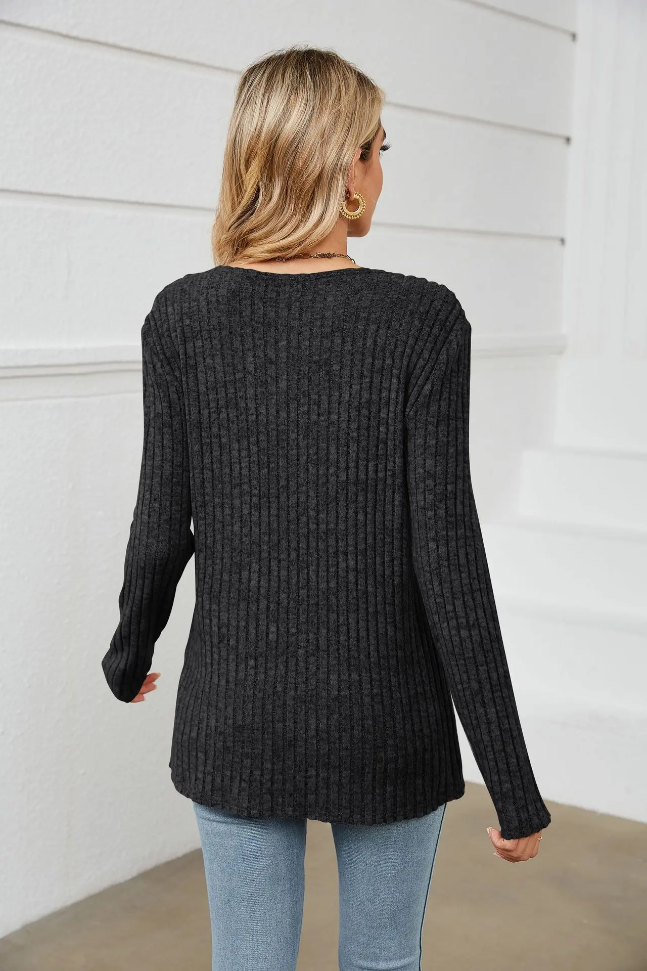 2025 Autumn/Winter New Pure Color Ribbed Patchwork V-Neck Long Sleeve Loose T-Shirt Top