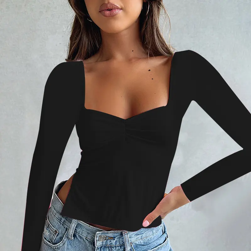 European and American clothing trend paragraph slim slit sexy sweetheart collar long-sleeved t-shirt top