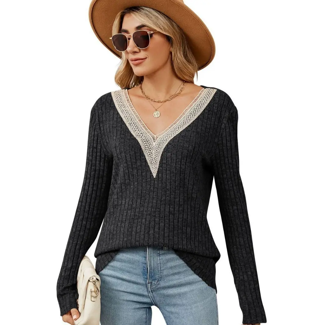 2025 Autumn/Winter New Pure Color Ribbed Patchwork V-Neck Long Sleeve Loose T-Shirt Top