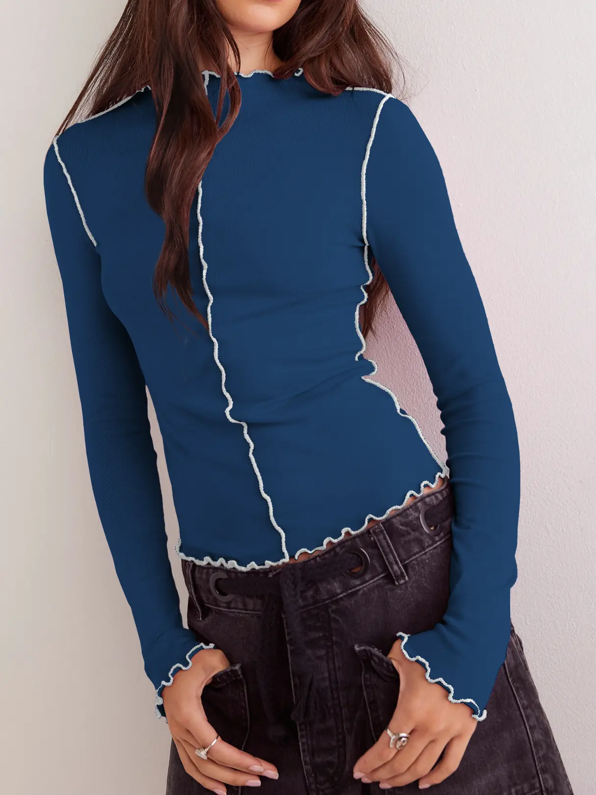 2025 New Contrasting Rolled Half-Turtleneck Long Sleeve T-Shirt Trendy Slim Versatile Base Layer