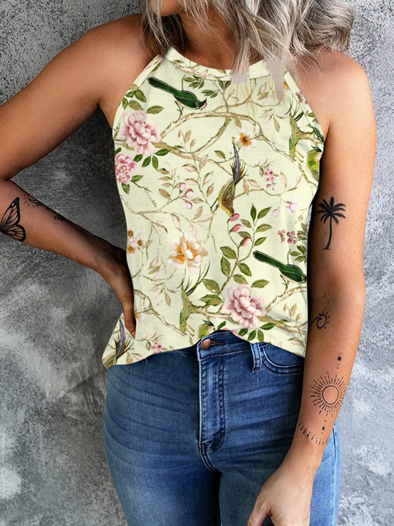 2024 summer new vest explosion retro sleeveless printed plant pattern top slimming