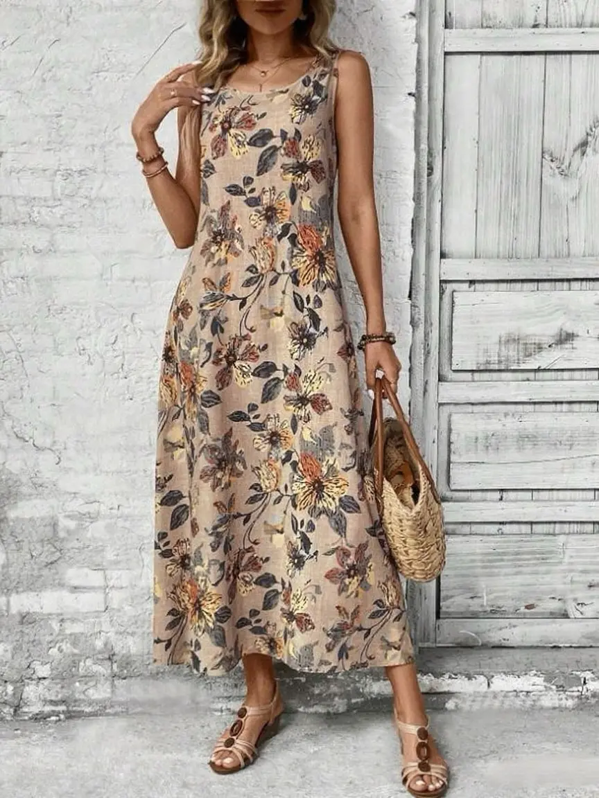 2025 Summer New Fashion Sleeveless Floral Print Round Neck A-line Dress