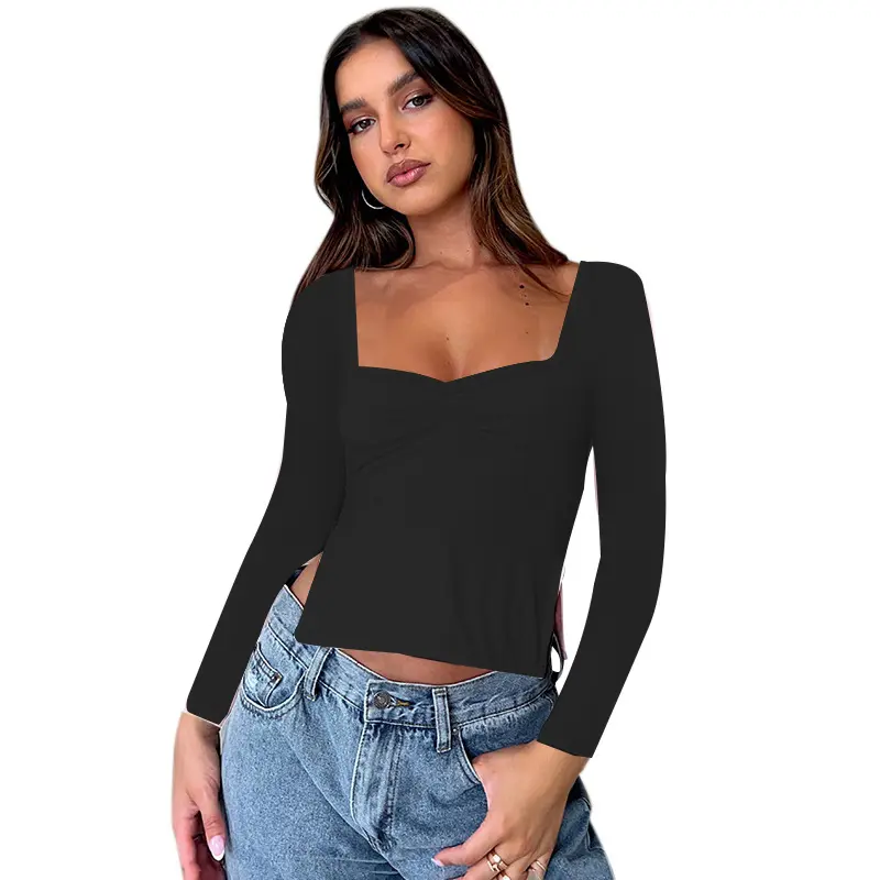 European and American clothing trend paragraph slim slit sexy sweetheart collar long-sleeved t-shirt top