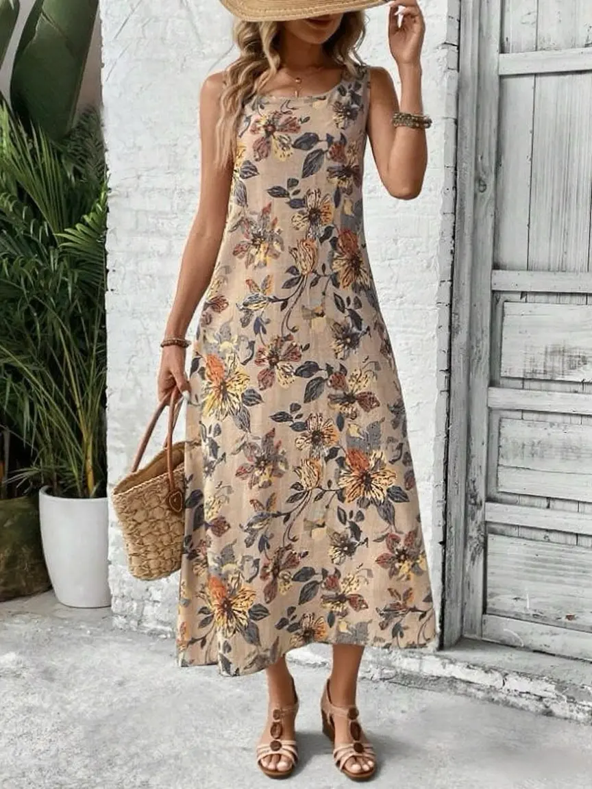 2025 Summer New Fashion Sleeveless Floral Print Round Neck A-line Dress